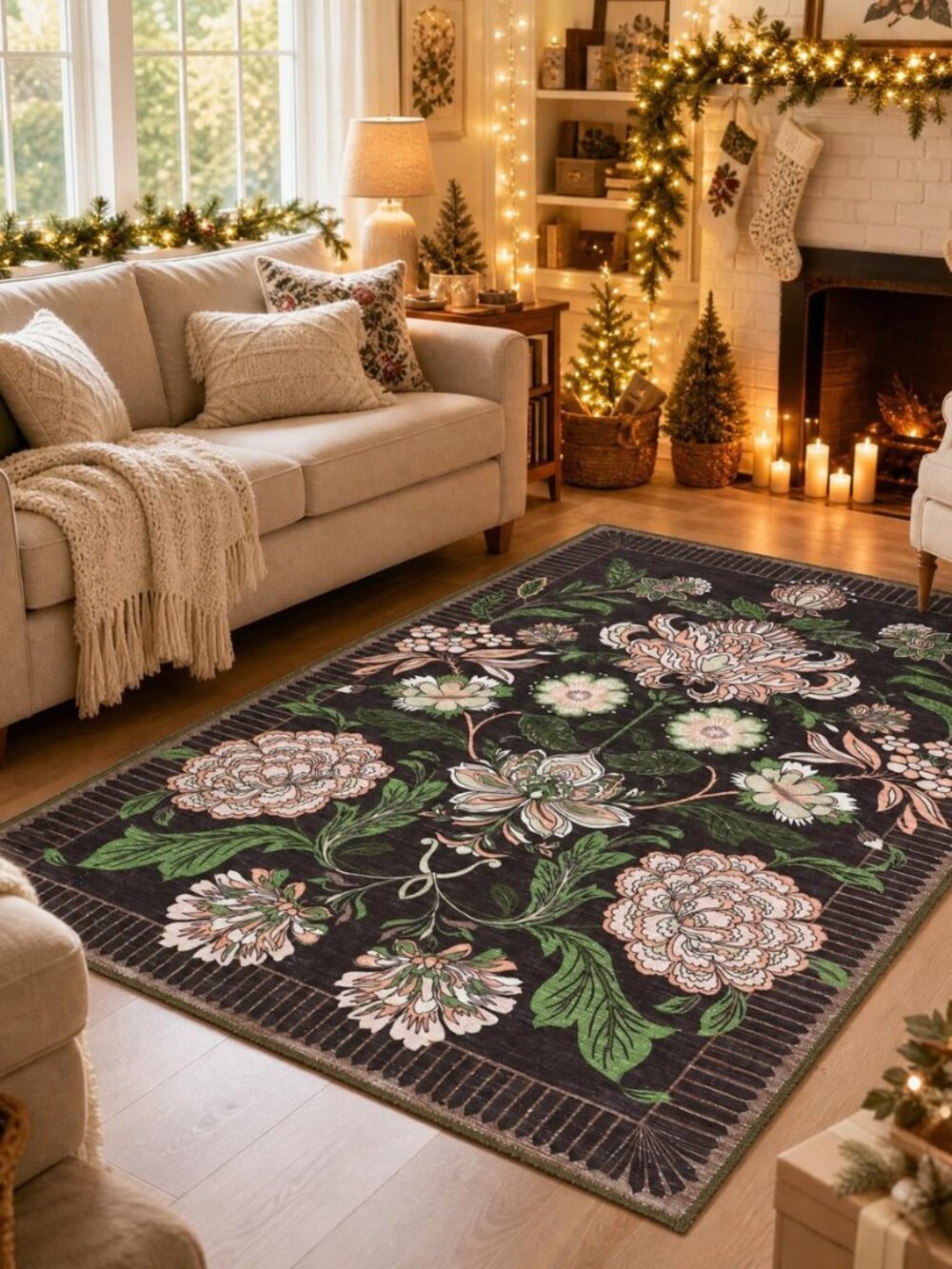 Plum Pink Floral Christmas Washable 5x7 Rug for Living Room, Black Purple
